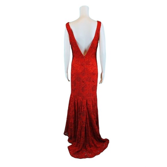 Dave & Johnny Formal Gown Women's Size 9/10 Red Lace Deep V Full Length Dress - Picture 10 of 11